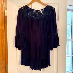 Navy Top w/ Lace & Bell Sleeve Detail